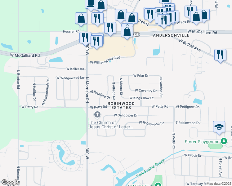 map of restaurants, bars, coffee shops, grocery stores, and more near 2204 North Allison Road in Muncie