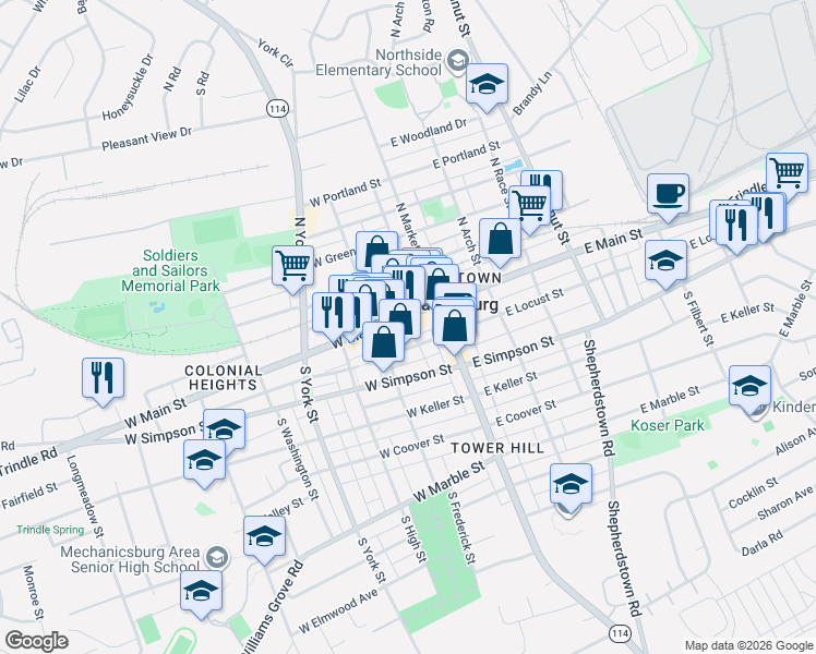 map of restaurants, bars, coffee shops, grocery stores, and more near 21 West Locust Street in Mechanicsburg