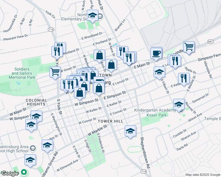map of restaurants, bars, coffee shops, grocery stores, and more near 38 East Locust Street in Mechanicsburg