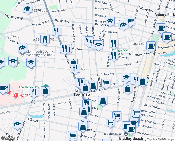 map of restaurants, bars, coffee shops, grocery stores, and more near 152 Fisher Avenue in Neptune City
