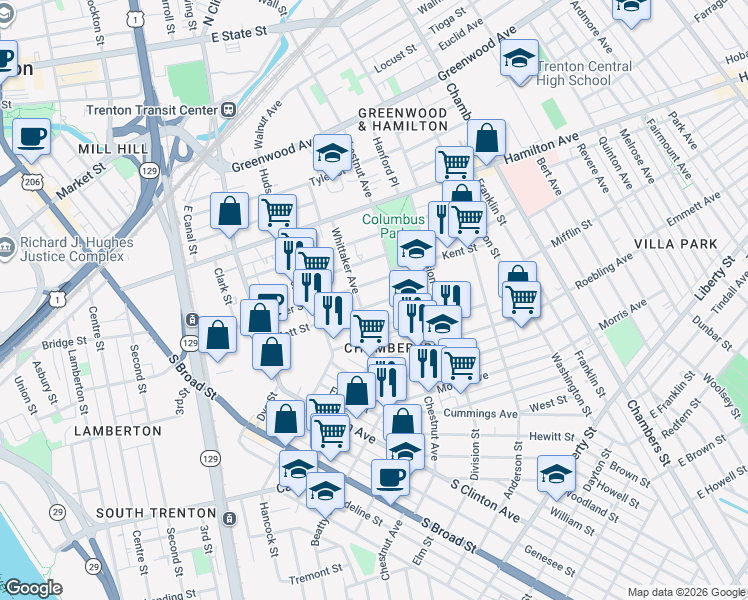 map of restaurants, bars, coffee shops, grocery stores, and more near 412 Whittaker Avenue in Trenton