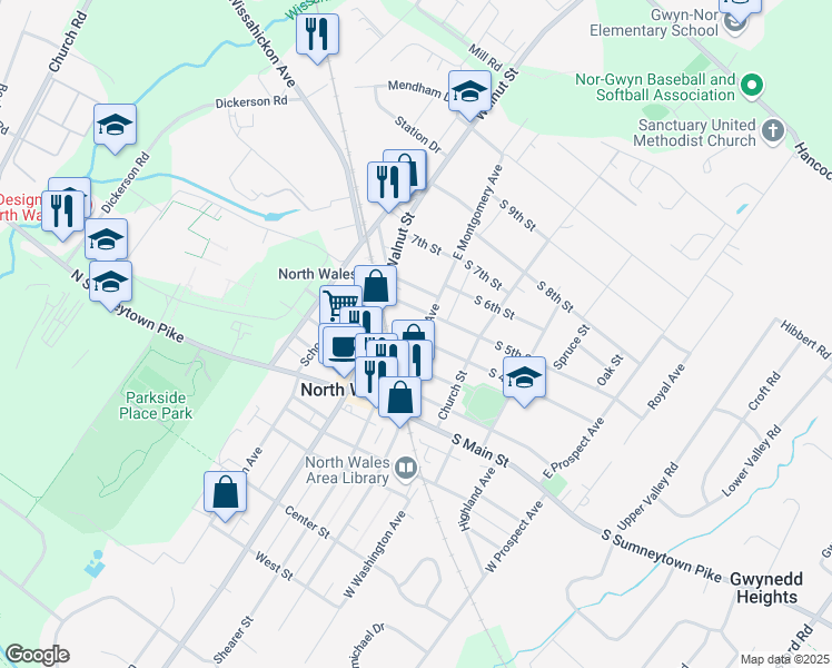 map of restaurants, bars, coffee shops, grocery stores, and more near 406 East Montgomery Avenue in North Wales