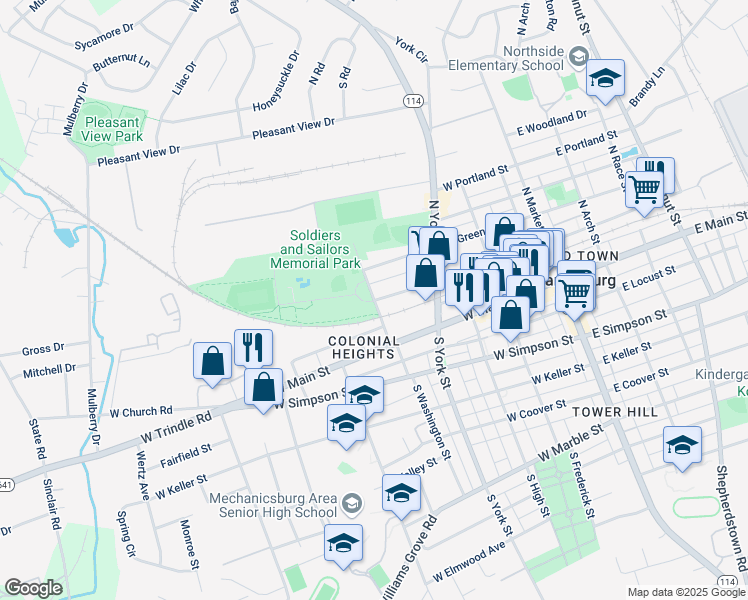 map of restaurants, bars, coffee shops, grocery stores, and more near North Washington Street in Mechanicsburg