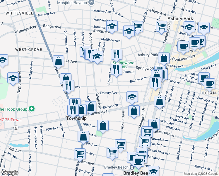 map of restaurants, bars, coffee shops, grocery stores, and more near 1304 Embury Avenue in Neptune City