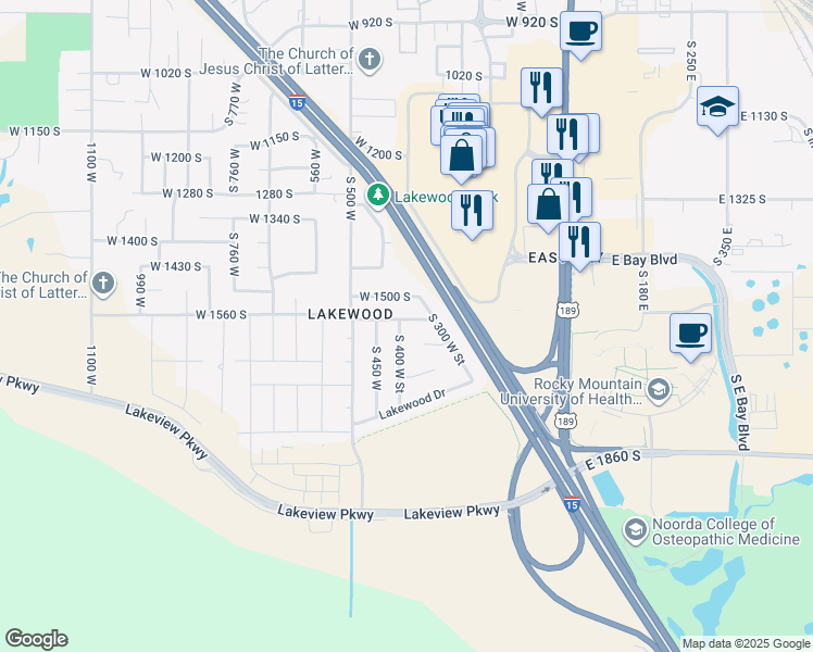 map of restaurants, bars, coffee shops, grocery stores, and more near 1587 South 400 West Street in Provo