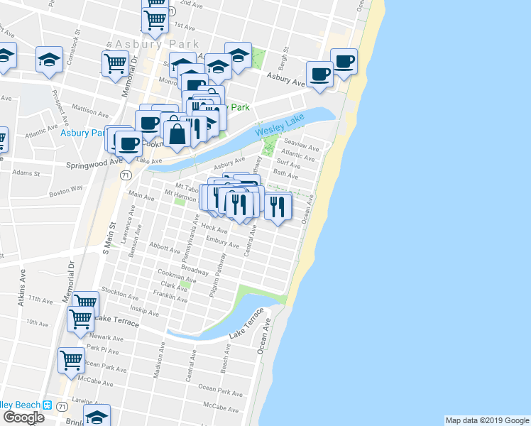 map of restaurants, bars, coffee shops, grocery stores, and more near in Neptune Township