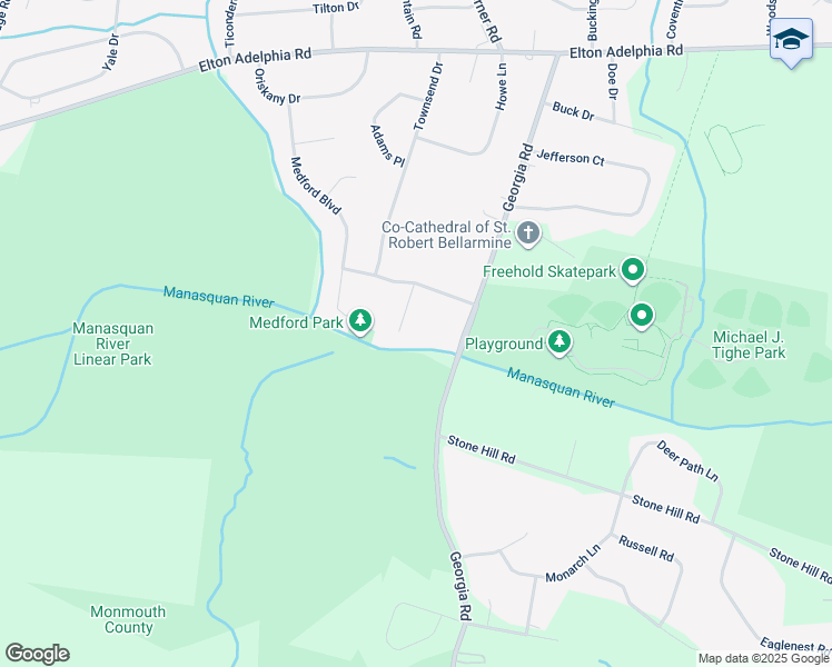 map of restaurants, bars, coffee shops, grocery stores, and more near 84 Georgia Road in Freehold