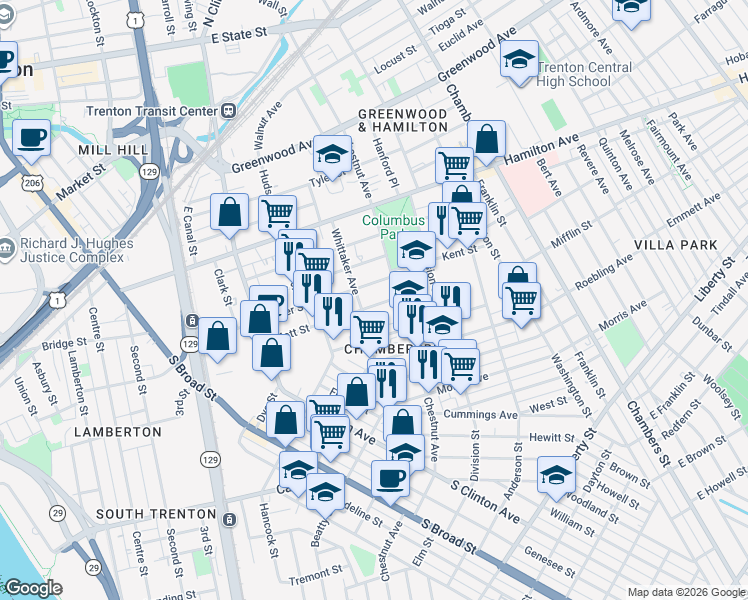 map of restaurants, bars, coffee shops, grocery stores, and more near 412 Whittaker Avenue in Trenton