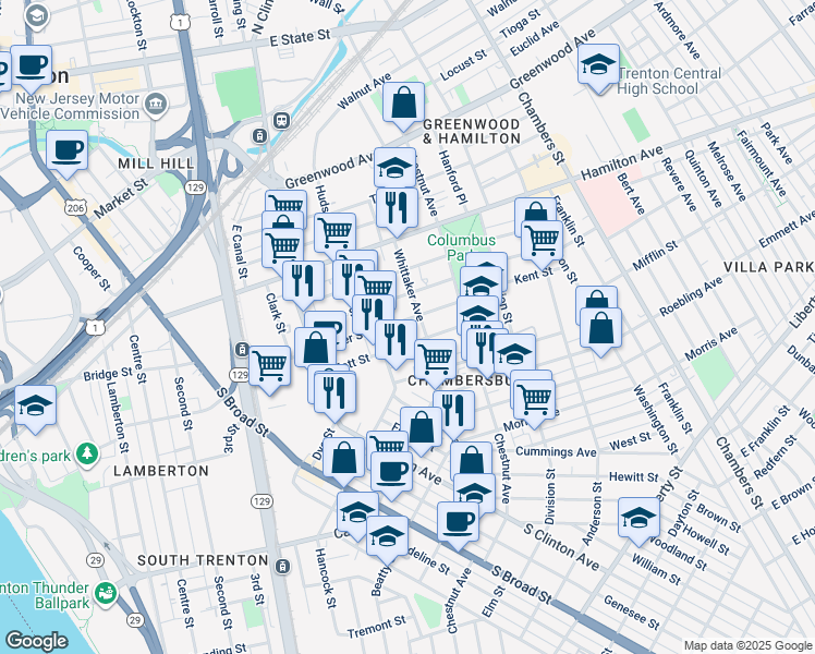 map of restaurants, bars, coffee shops, grocery stores, and more near 121 Mott Street in Trenton