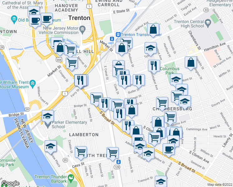map of restaurants, bars, coffee shops, grocery stores, and more near 72 Clark Street in Trenton