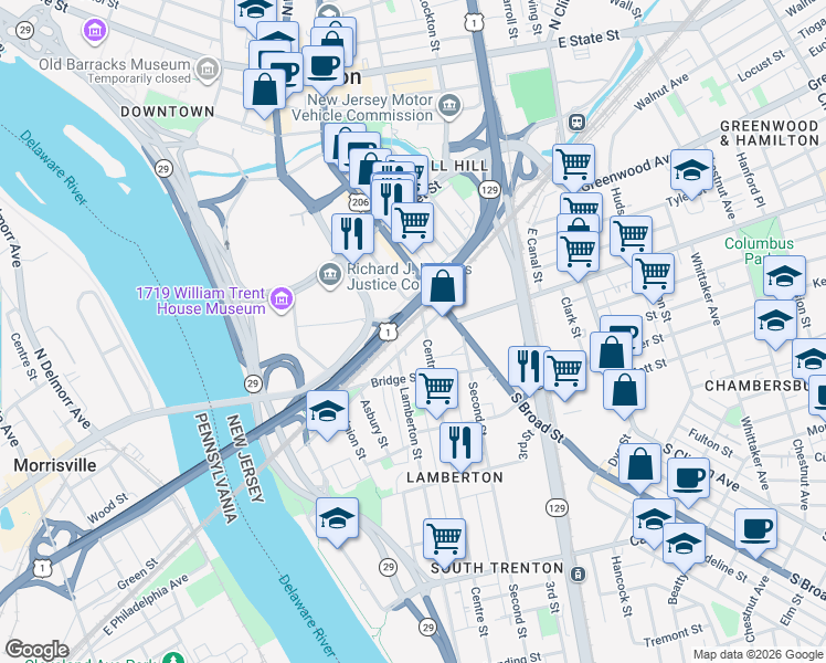 map of restaurants, bars, coffee shops, grocery stores, and more near 127 Centre Street in Trenton