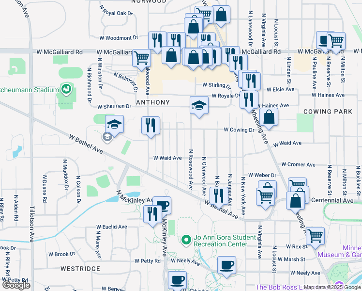 map of restaurants, bars, coffee shops, grocery stores, and more near 2100 North Maplewood Avenue in Muncie