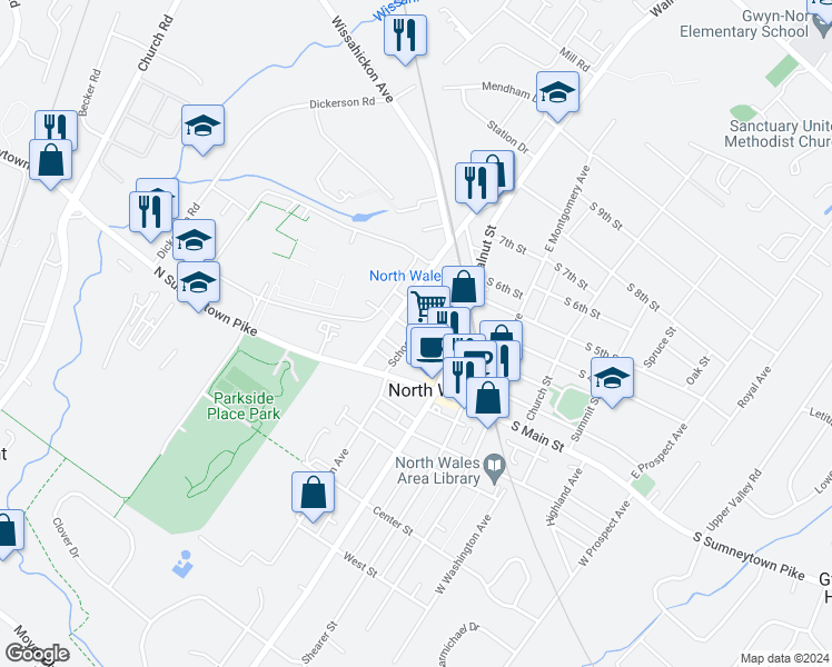 map of restaurants, bars, coffee shops, grocery stores, and more near 199 North 3rd Street in North Wales