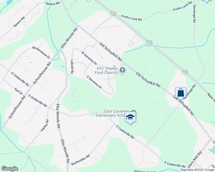 map of restaurants, bars, coffee shops, grocery stores, and more near 123 North Savanna Drive in Pottstown