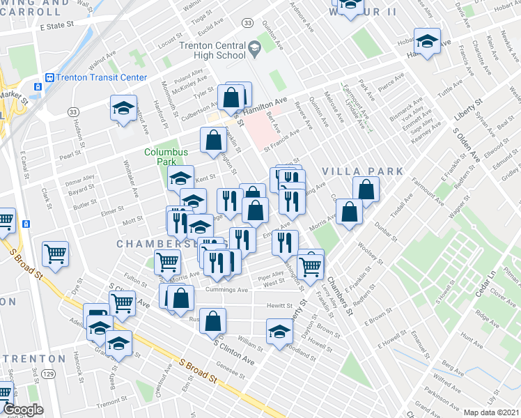 map of restaurants, bars, coffee shops, grocery stores, and more near 198 Washington Street in Trenton