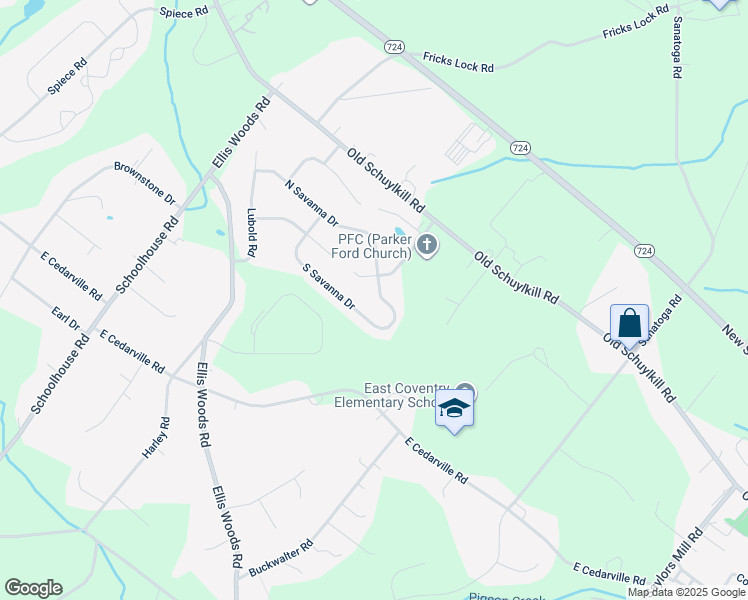 map of restaurants, bars, coffee shops, grocery stores, and more near 123 North Savanna Drive in Pottstown