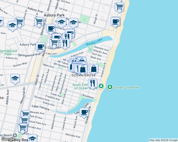 map of restaurants, bars, coffee shops, grocery stores, and more near 38 Pitman Avenue in Monmouth County