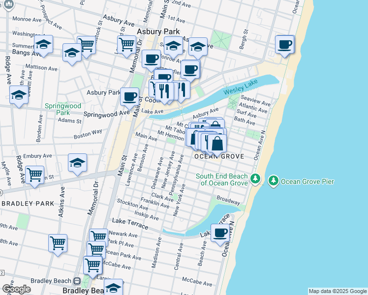 map of restaurants, bars, coffee shops, grocery stores, and more near Main Avenue & Pennsylvania Avenue in Neptune Township