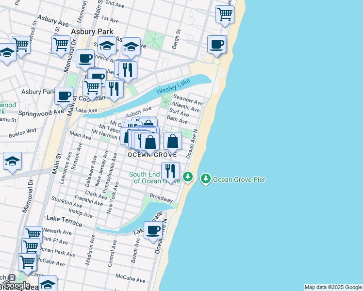 map of restaurants, bars, coffee shops, grocery stores, and more near 8 Olin Street in Neptune Township