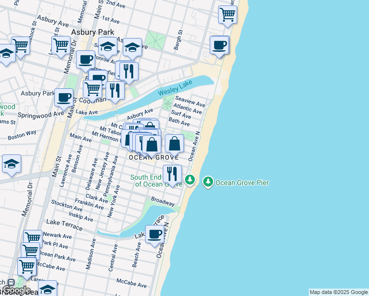 map of restaurants, bars, coffee shops, grocery stores, and more near 8 Olin Street in Neptune Township