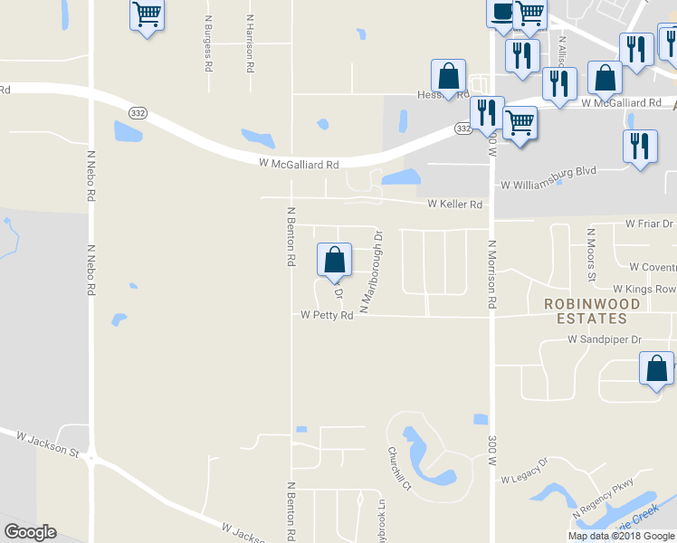 map of restaurants, bars, coffee shops, grocery stores, and more near 5499 West Sudbury Drive in Muncie