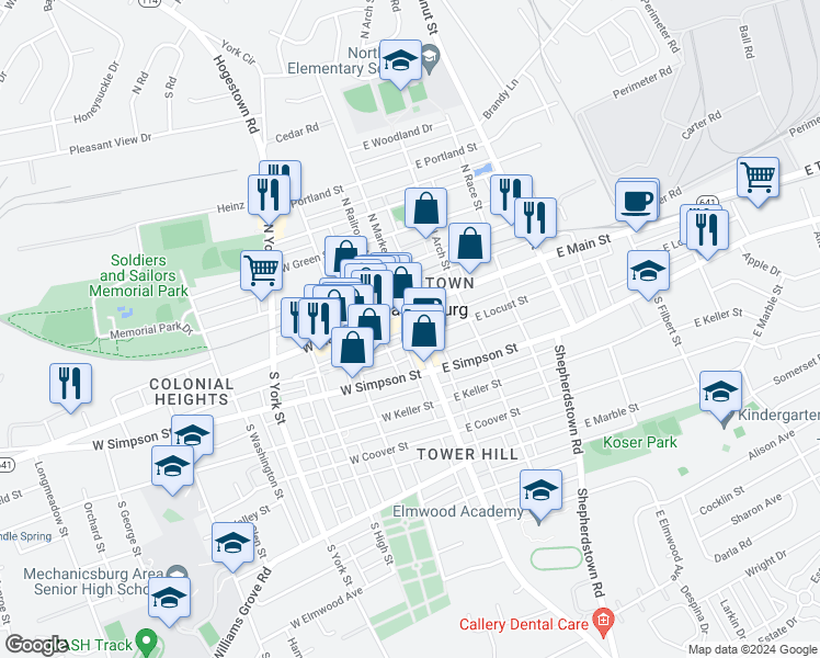 map of restaurants, bars, coffee shops, grocery stores, and more near 18 South Market Street in Mechanicsburg