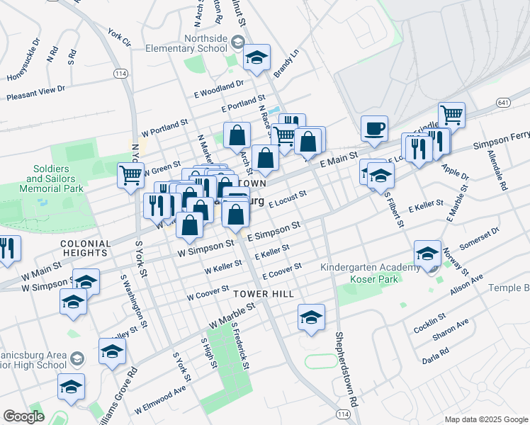 map of restaurants, bars, coffee shops, grocery stores, and more near 33 East Simpson Street in Mechanicsburg