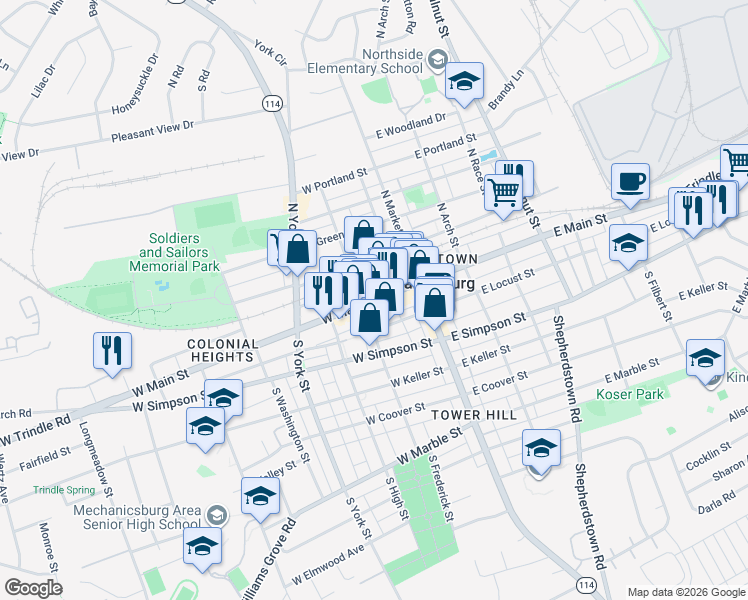 map of restaurants, bars, coffee shops, grocery stores, and more near 9 South Frederick Street in Mechanicsburg