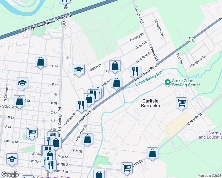 map of restaurants, bars, coffee shops, grocery stores, and more near 853 North Hanover Street in Carlisle