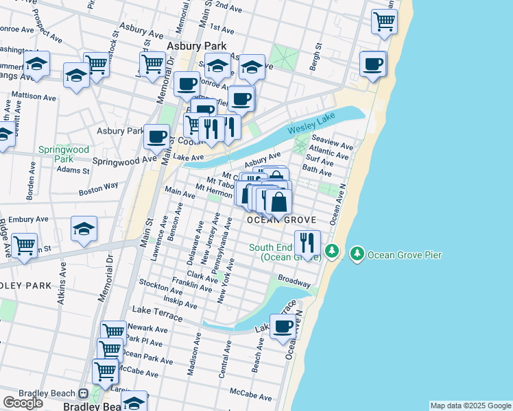 map of restaurants, bars, coffee shops, grocery stores, and more near 73 Heck Avenue in Neptune Township