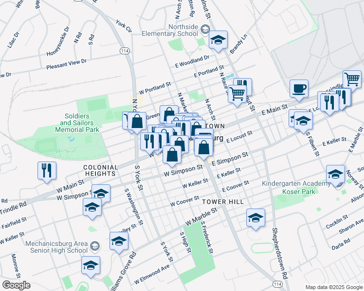 map of restaurants, bars, coffee shops, grocery stores, and more near 9 South Frederick Street in Mechanicsburg