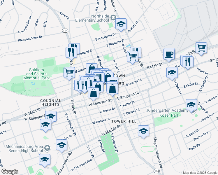 map of restaurants, bars, coffee shops, grocery stores, and more near 21 West Locust Street in Mechanicsburg