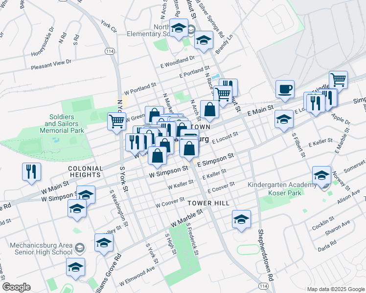 map of restaurants, bars, coffee shops, grocery stores, and more near 16 South Market Street in Mechanicsburg