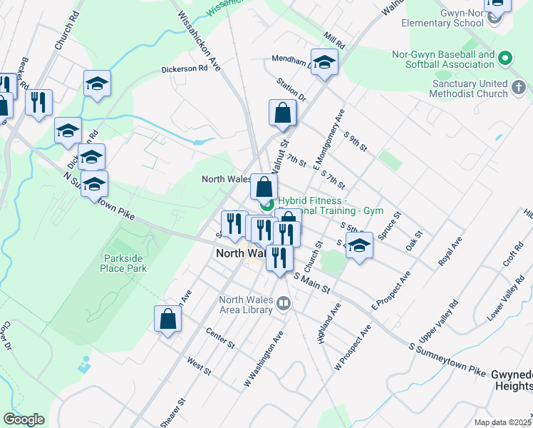 map of restaurants, bars, coffee shops, grocery stores, and more near 401 East Walnut Street in North Wales