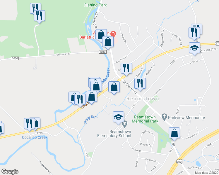map of restaurants, bars, coffee shops, grocery stores, and more near 1341 Reading Road in Stevens