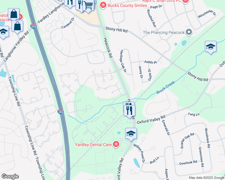 map of restaurants, bars, coffee shops, grocery stores, and more near 569 Aspen Woods Drive in Yardley