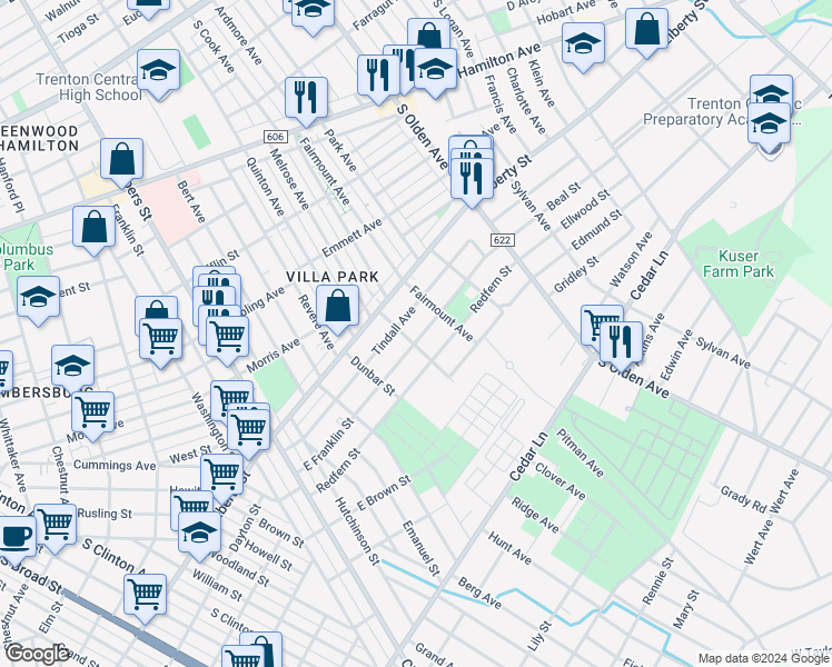 map of restaurants, bars, coffee shops, grocery stores, and more near 410 East Franklin Street in Trenton