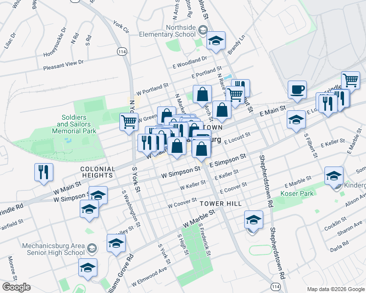 map of restaurants, bars, coffee shops, grocery stores, and more near in Mechanicsburg