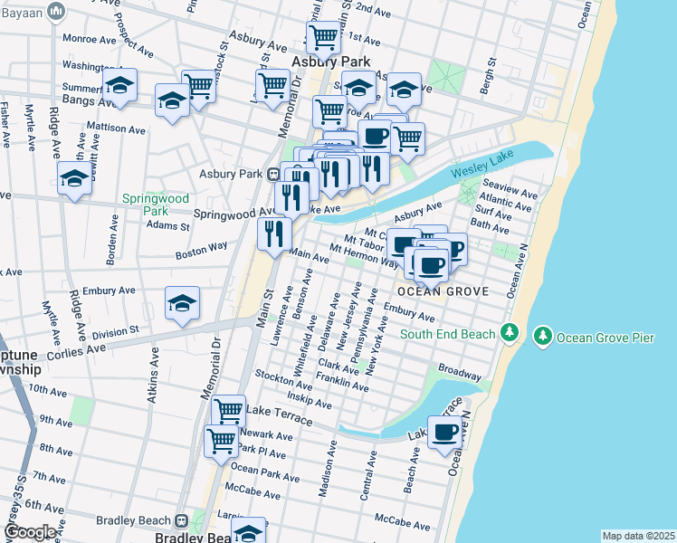 map of restaurants, bars, coffee shops, grocery stores, and more near 118 Main Avenue in Monmouth County