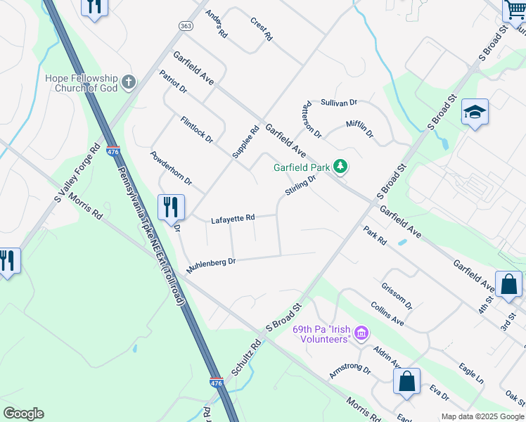map of restaurants, bars, coffee shops, grocery stores, and more near 1934 Lafayette Road in Lansdale