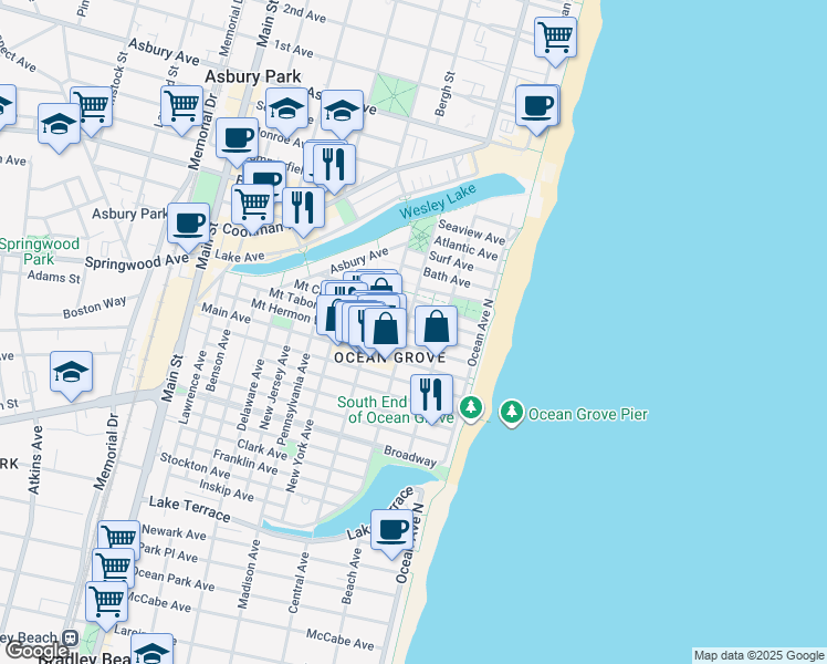 map of restaurants, bars, coffee shops, grocery stores, and more near Pitman Avenue in Neptune Township