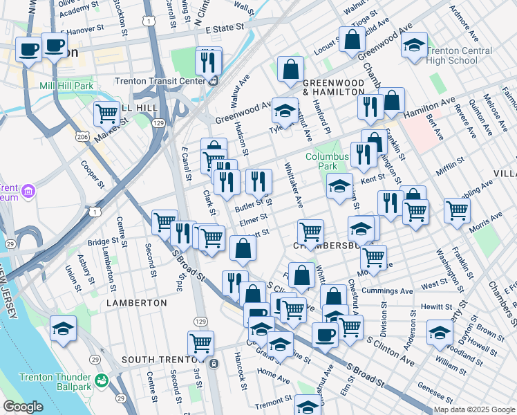 map of restaurants, bars, coffee shops, grocery stores, and more near 215 Hudson Street in Trenton