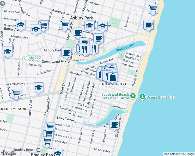 map of restaurants, bars, coffee shops, grocery stores, and more near 33 New York Avenue in Neptune Township