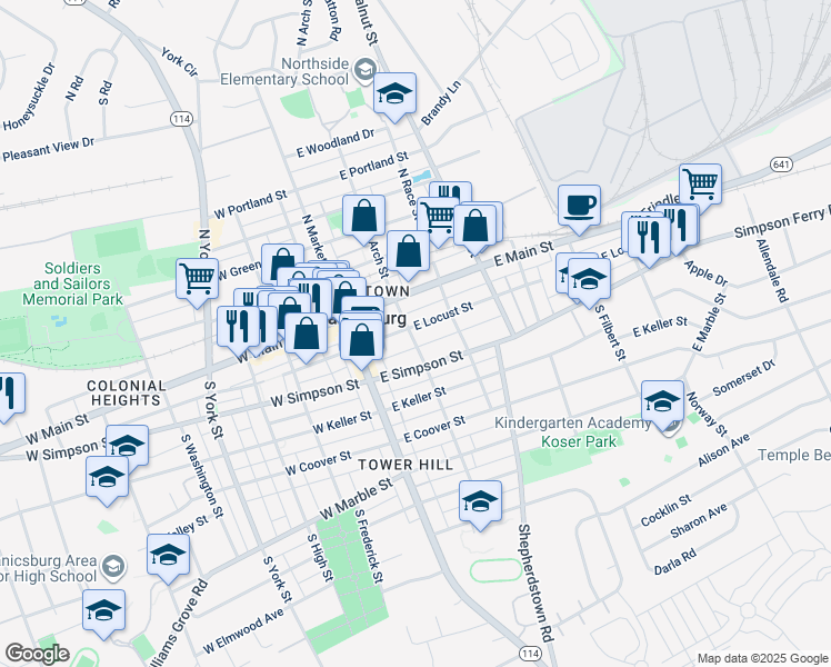 map of restaurants, bars, coffee shops, grocery stores, and more near 15 South Arch Street in Mechanicsburg
