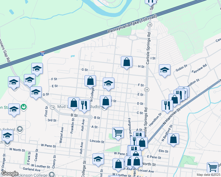 map of restaurants, bars, coffee shops, grocery stores, and more near 937 Factory Street in Carlisle