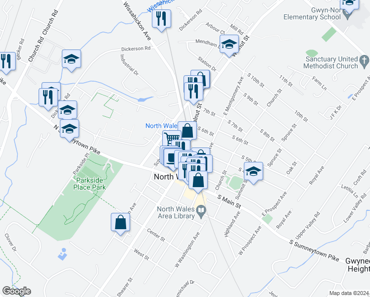 map of restaurants, bars, coffee shops, grocery stores, and more near 402 East Walnut Street in North Wales