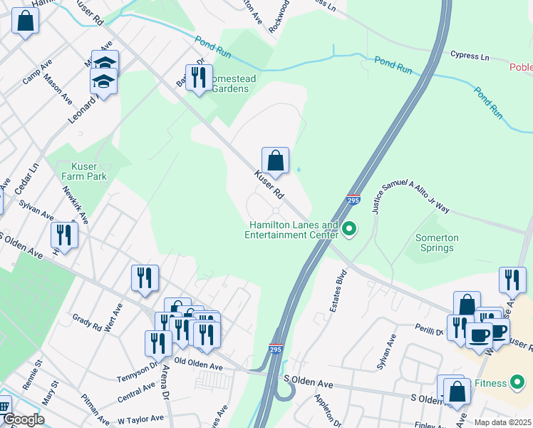 map of restaurants, bars, coffee shops, grocery stores, and more near 125 Sundance Drive in Trenton