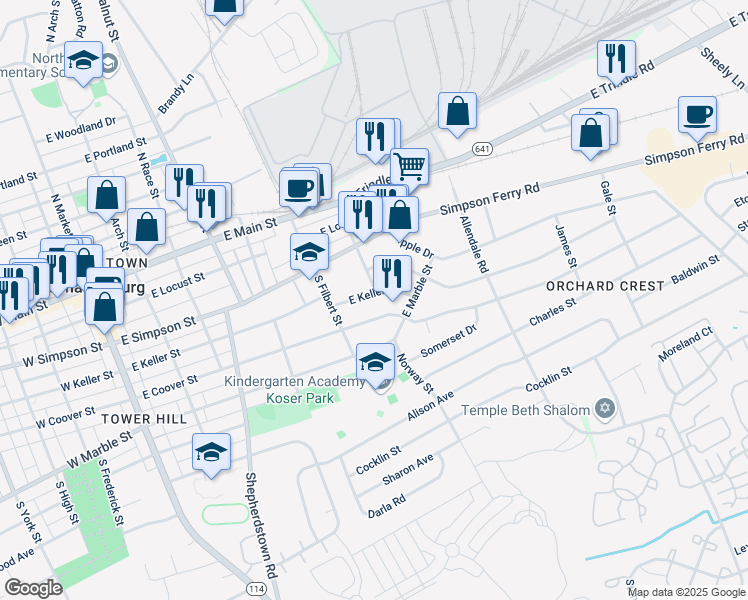 map of restaurants, bars, coffee shops, grocery stores, and more near 512 East Keller Street in Mechanicsburg