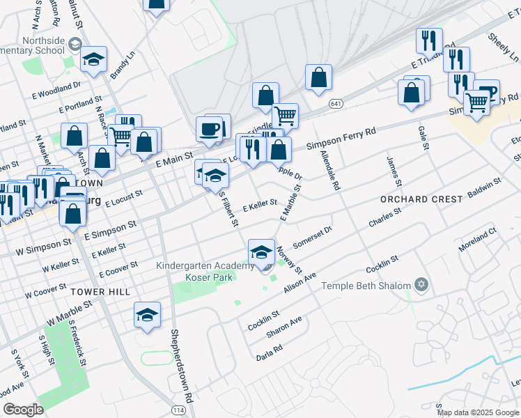 map of restaurants, bars, coffee shops, grocery stores, and more near 512 East Keller Street in Mechanicsburg