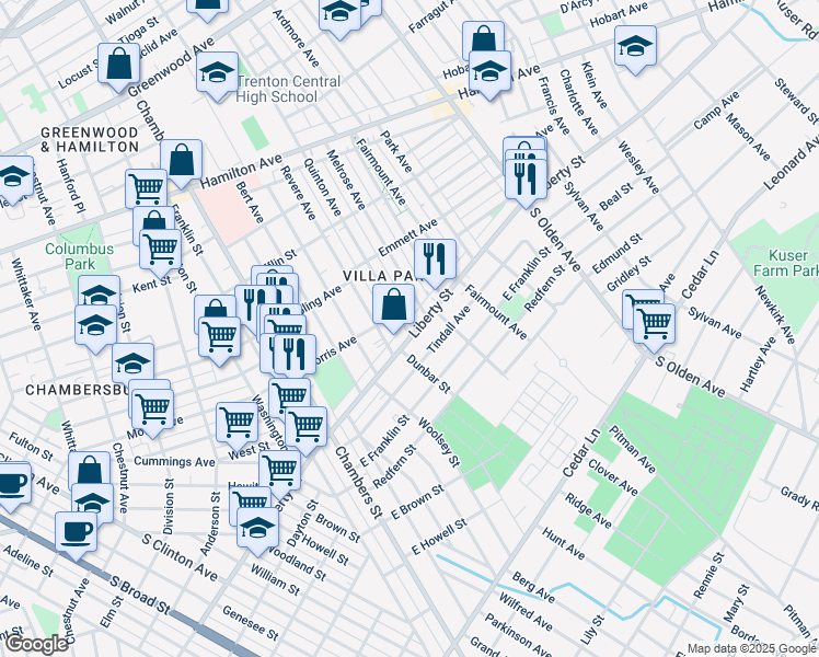 map of restaurants, bars, coffee shops, grocery stores, and more near 1066 Quinton Avenue in Trenton